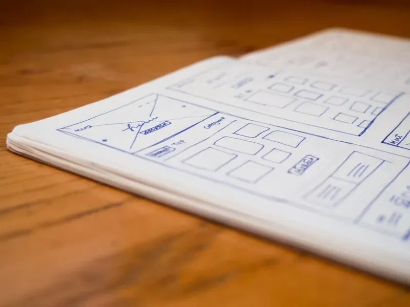 Hand-drawn sketches on paper on a wooden desk